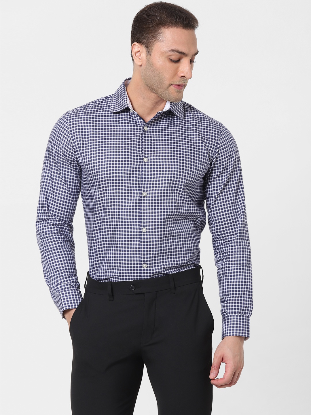 

SELECTED Men Navy Blue & White Slim Fit Grid Checked Organic Cotton Formal Shirt