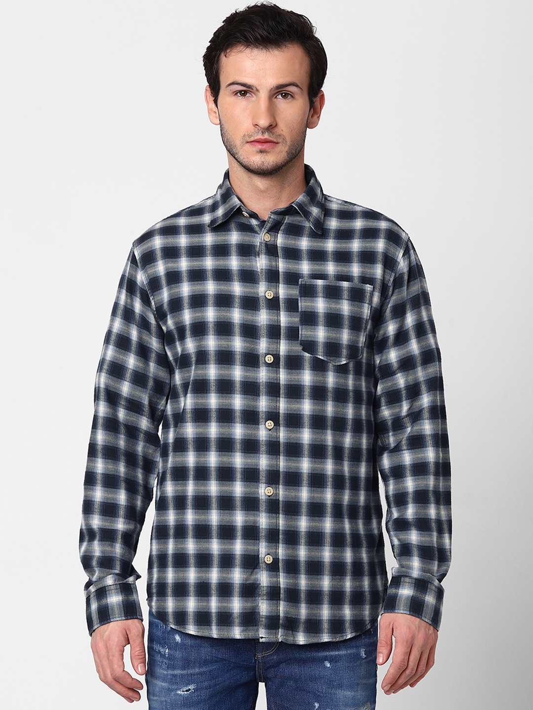 

SELECTED Men Navy Blue & Off-White Regular Fit Checked Casual Shirt