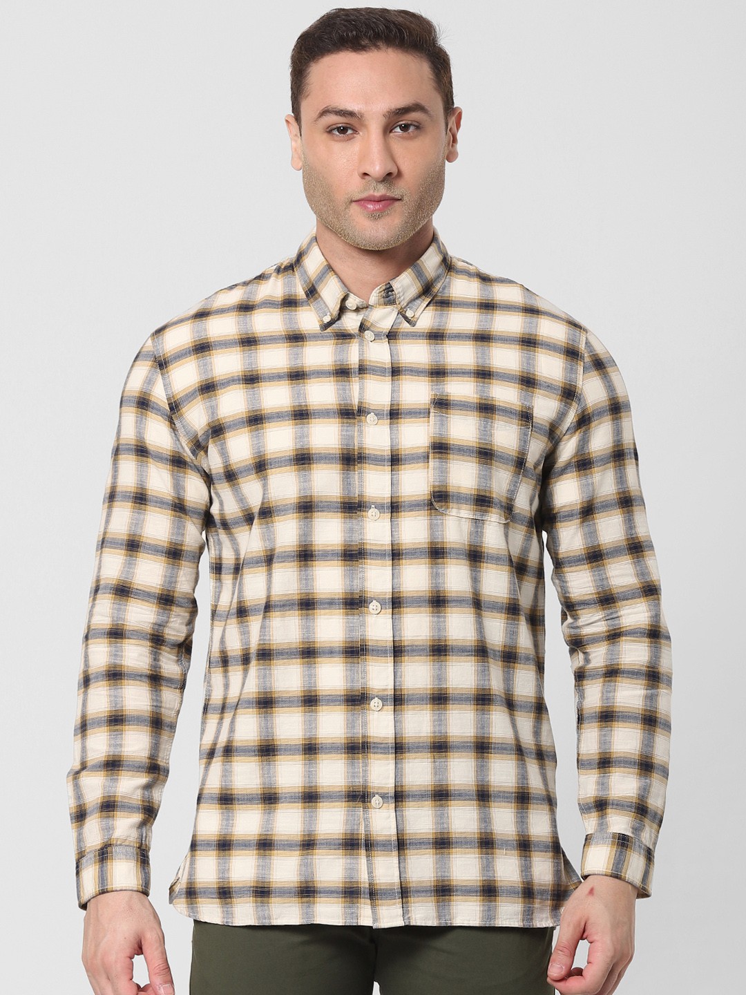 

SELECTED Men Cream & Black Checked Casual Shirt