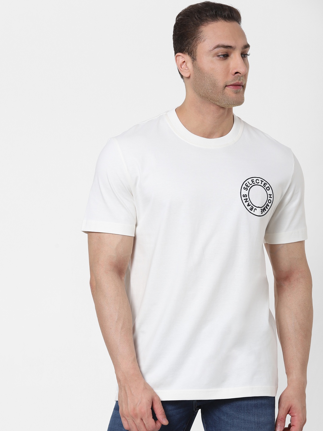 

SELECTED Men White Brand Logo Organic Cotton T-shirt