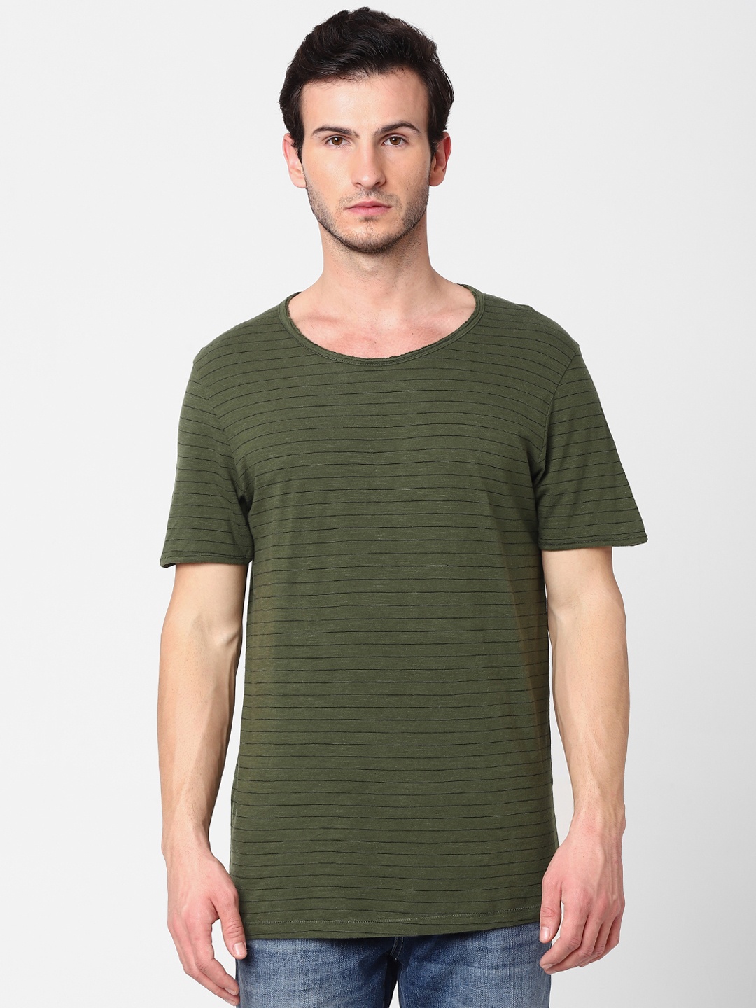 

SELECTED Men Olive Green & Black Striped Round Neck T-shirt