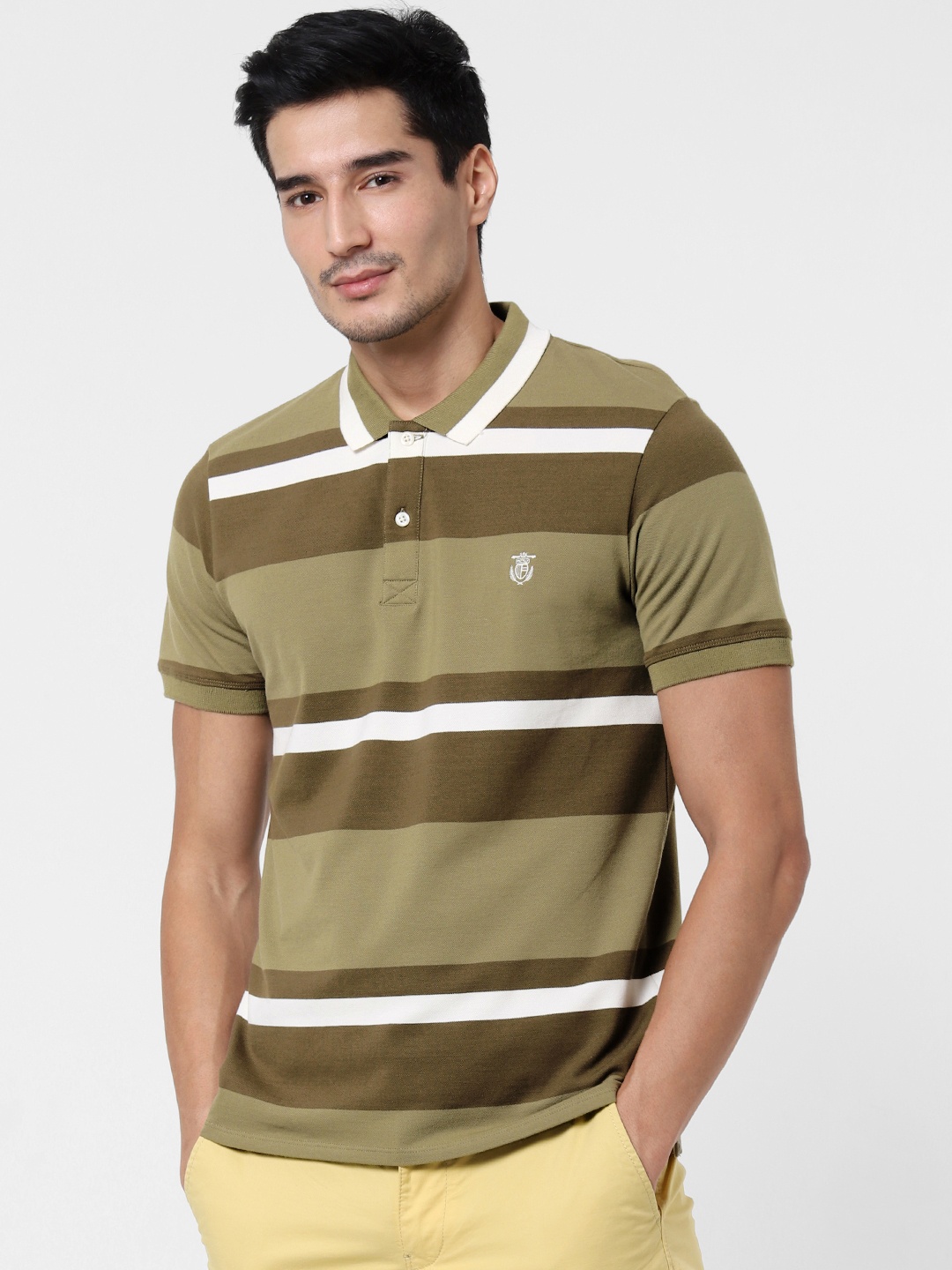

SELECTED Men Olive Green & White Striped Polo Collar T-shirt