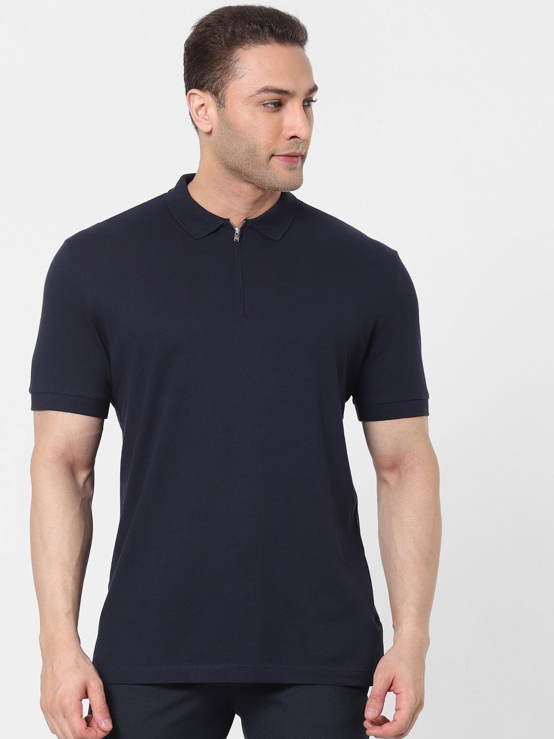 

SELECTED Men Navy Blue Solid Organic Cotton Spread Collar T-shirt