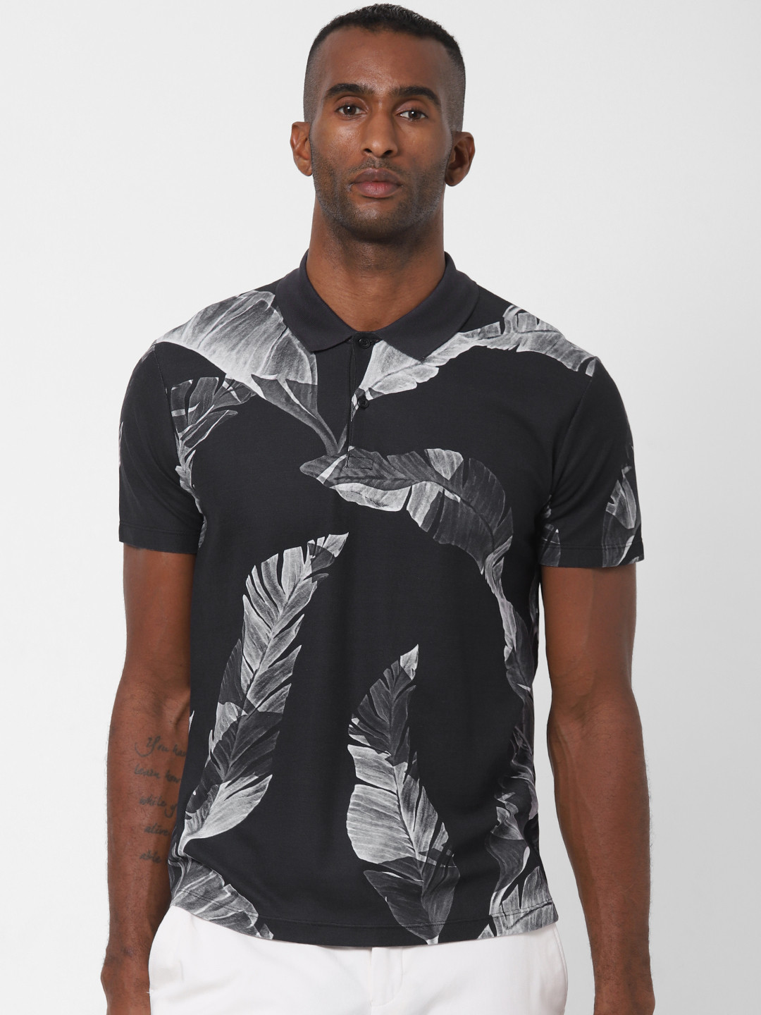 

SELECTED Men Black Grey Printed Polo Collar Organic Cotton T-shirt
