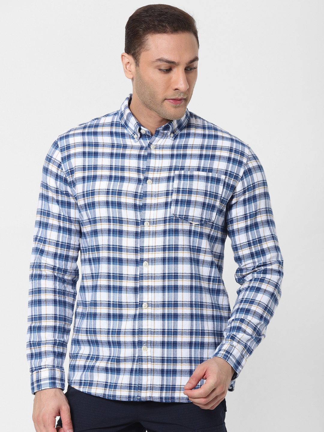 

SELECTED Men Blue & White Tartan Checked Organic Cotton Casual Shirt