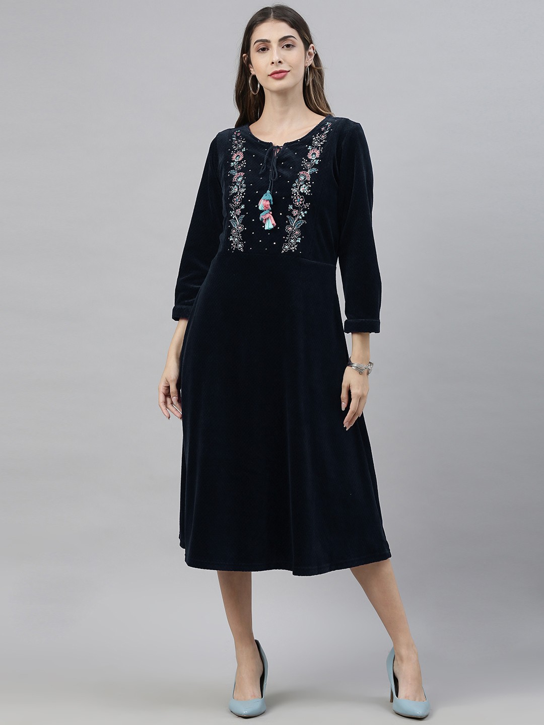 

Global Desi Women Navy Blue Self Design A-Line Dress with Embroidered Detail
