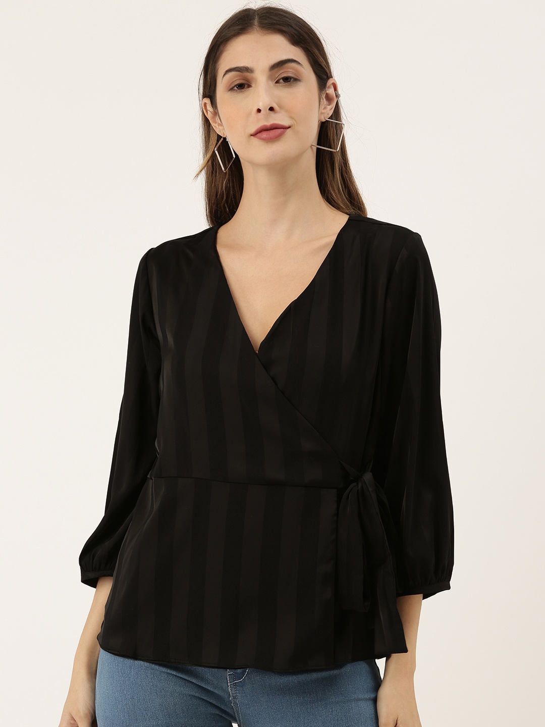 

And Women Black Striped Wrap Top
