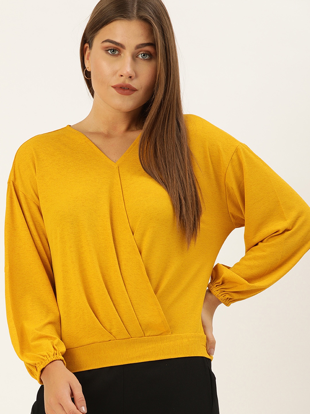 

AND Women Yellow Solid Gathered Pleated Blouson Top