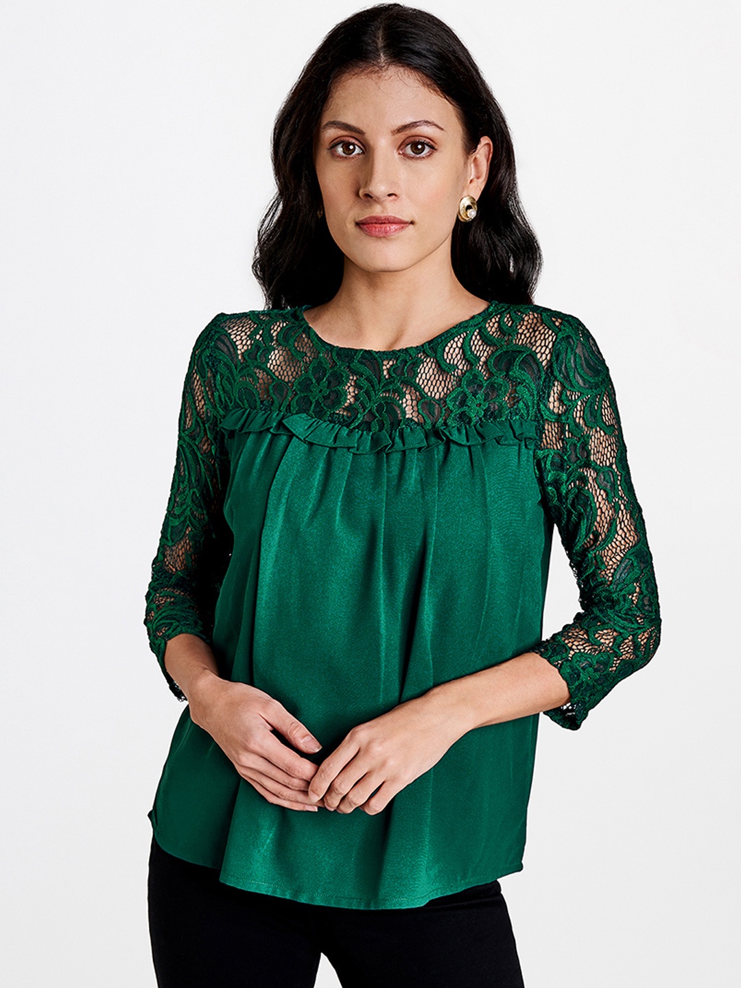 

AND Green Ruffled Lace Detailed Regular Top