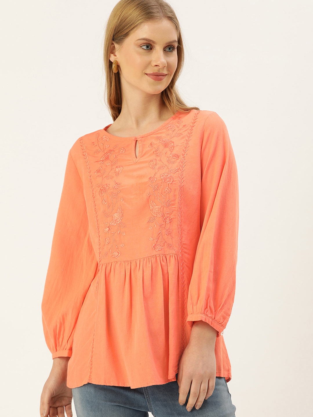 

AND Women Coral Orange Floral Embroidered EcoVero A-Line Top