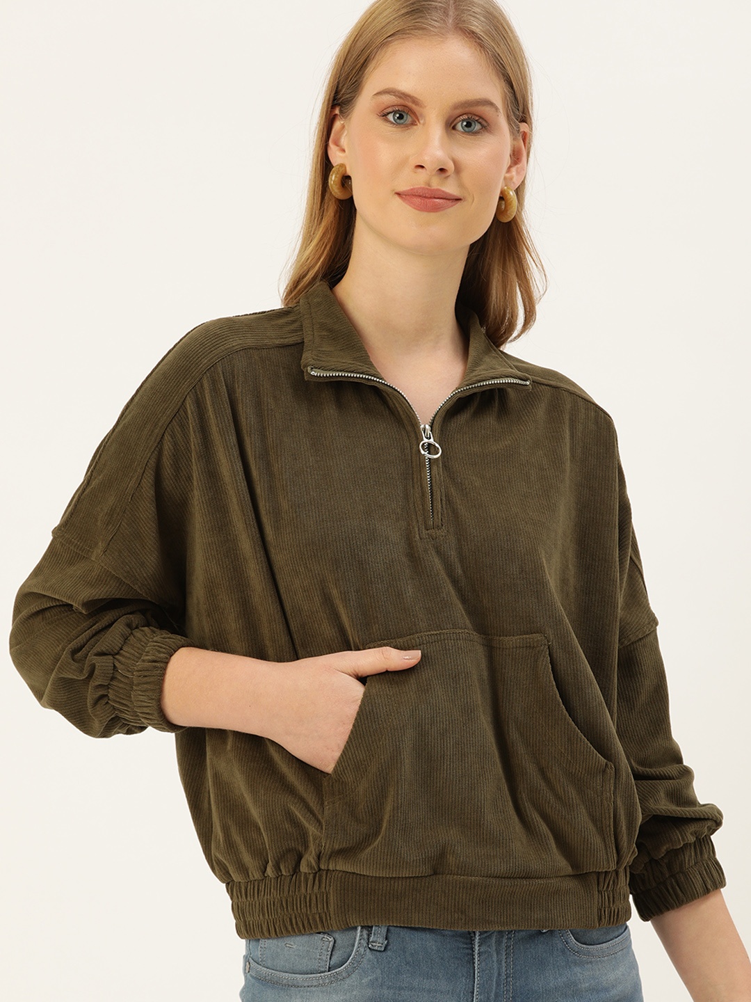 

AND Women Olive Green Self-Striped Corduroy Sweatshirt
