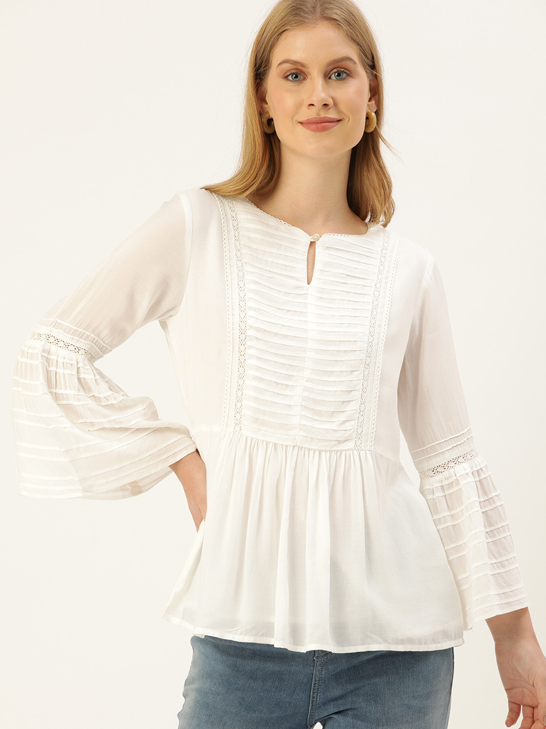 

AND Women White Self-Design Pleated Detailing Flared Sleeves A-Line Top