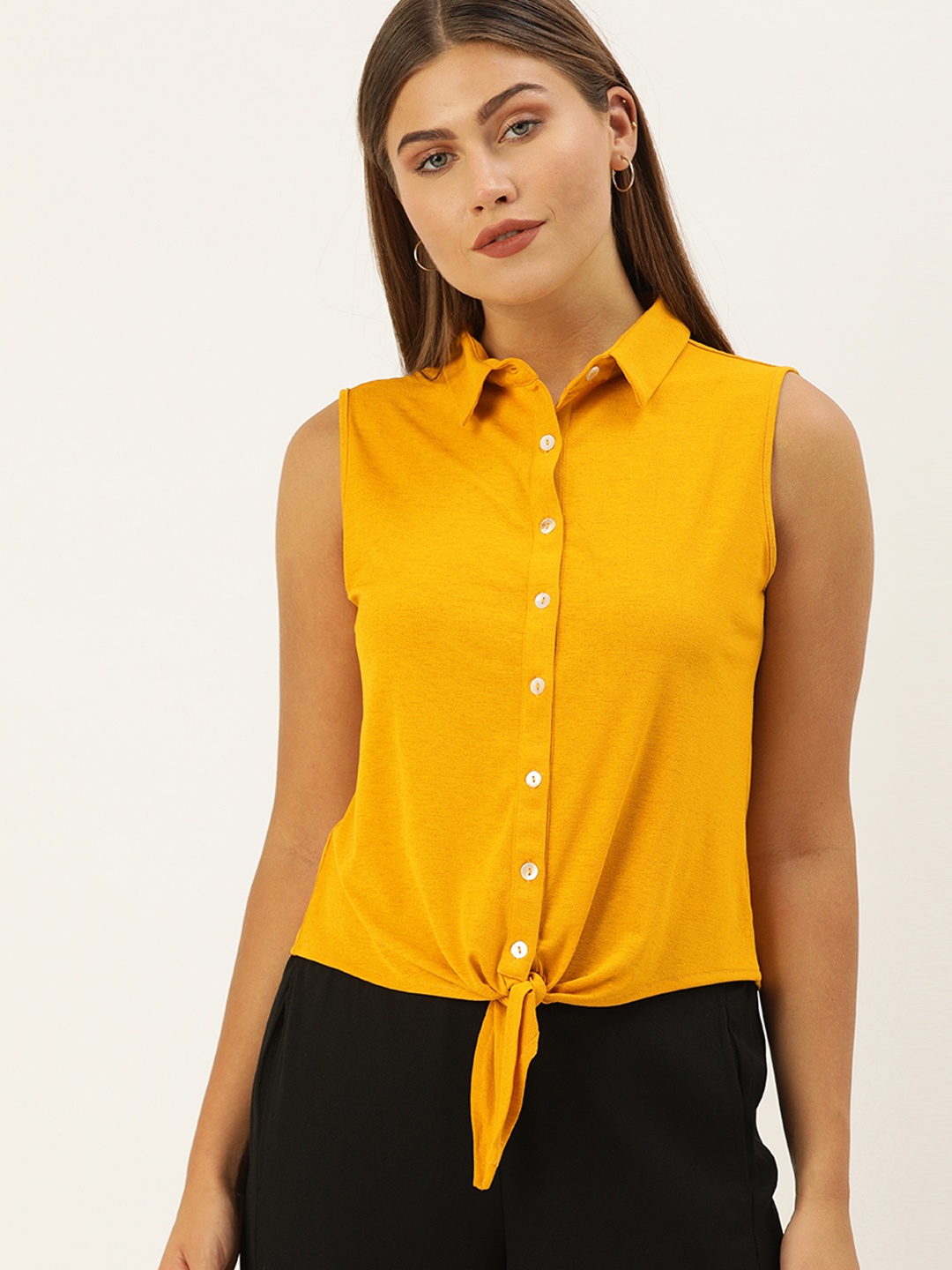 

AND Women Mustard Yellow Regular Fit Solid Waist Tie-Up Casual Shirt