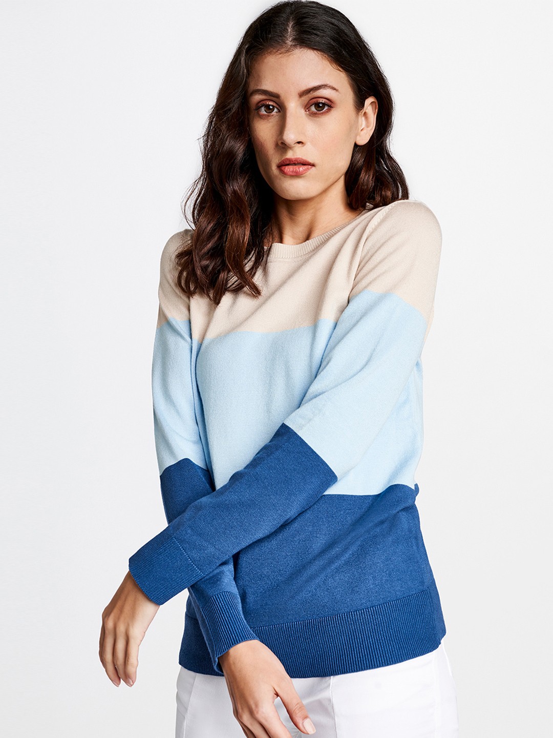 

AND Women Blue & Pink Colourblocked Pullover Sweater