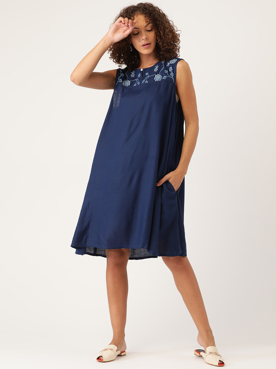 

AND Women Navy Blue Keyhole Neck Sustainable EcoVero A-Line Dress