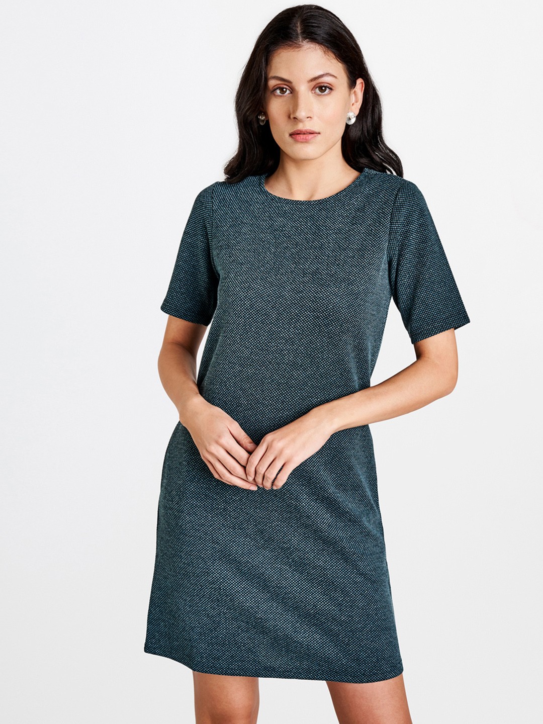 

AND Teal Blue Self Design Sheath Dress
