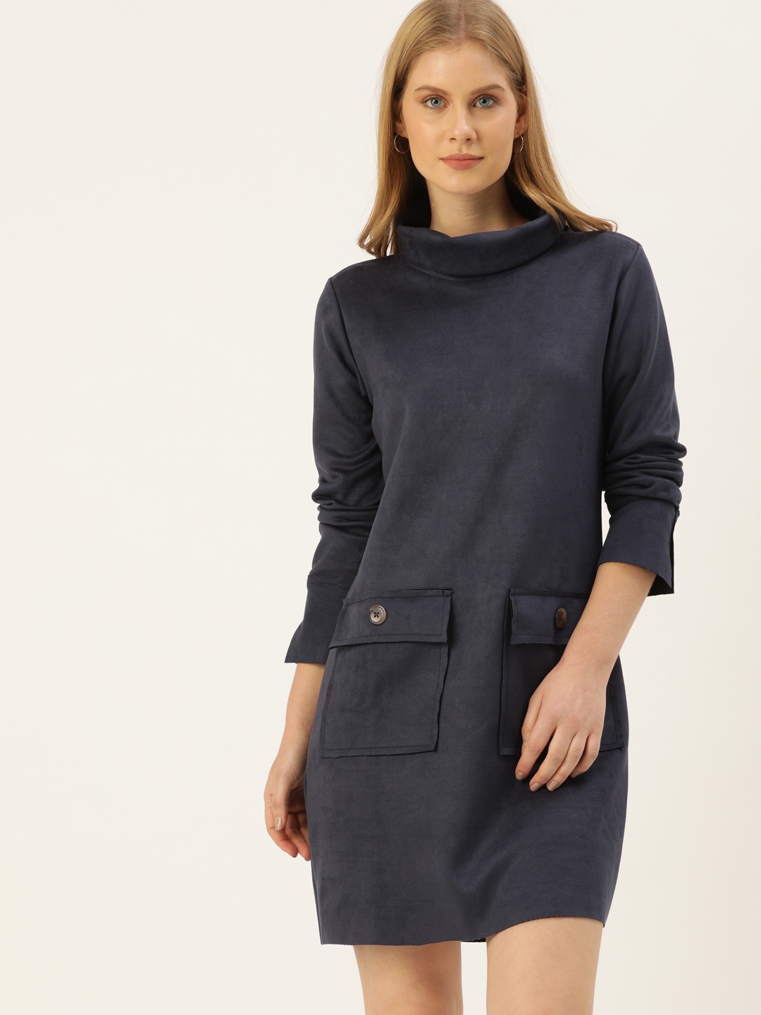 

AND Women Navy Blue Solid Sheath Dress