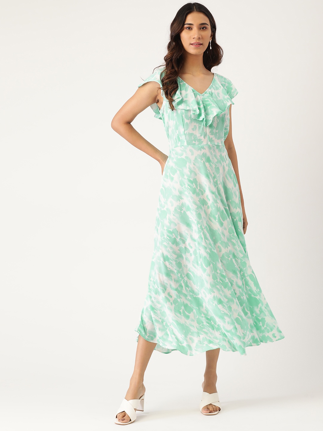 

AND Green & Off White Printed A-Line Midi Dress