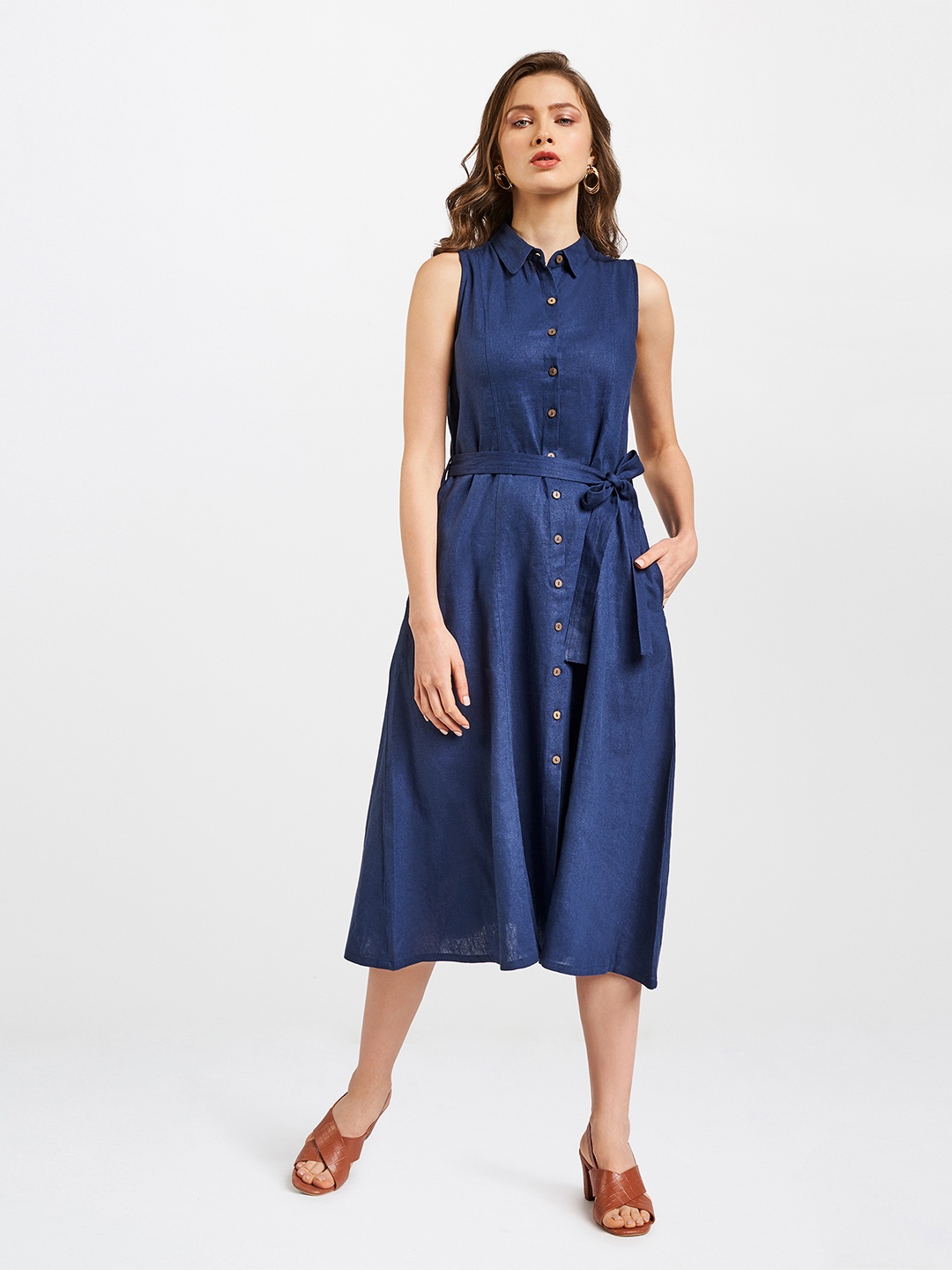 

AND Navy Blue Linen Midi Dress