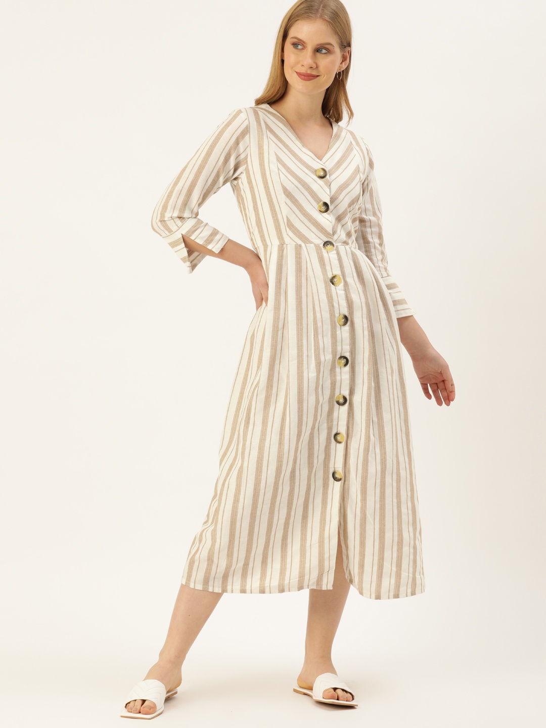 

AND Women Cream-Coloured & Beige Striped Fit and Flare Dress