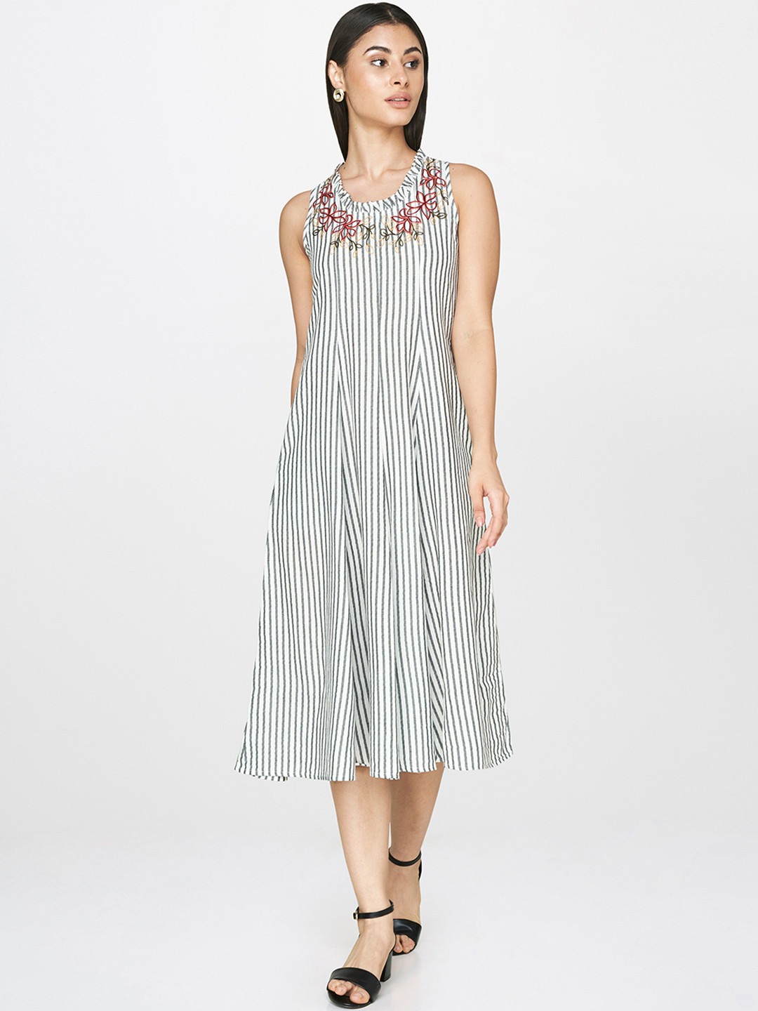 

AND Women White & Black Striped Fit and Flare Dress With Back Tie-Up Detail