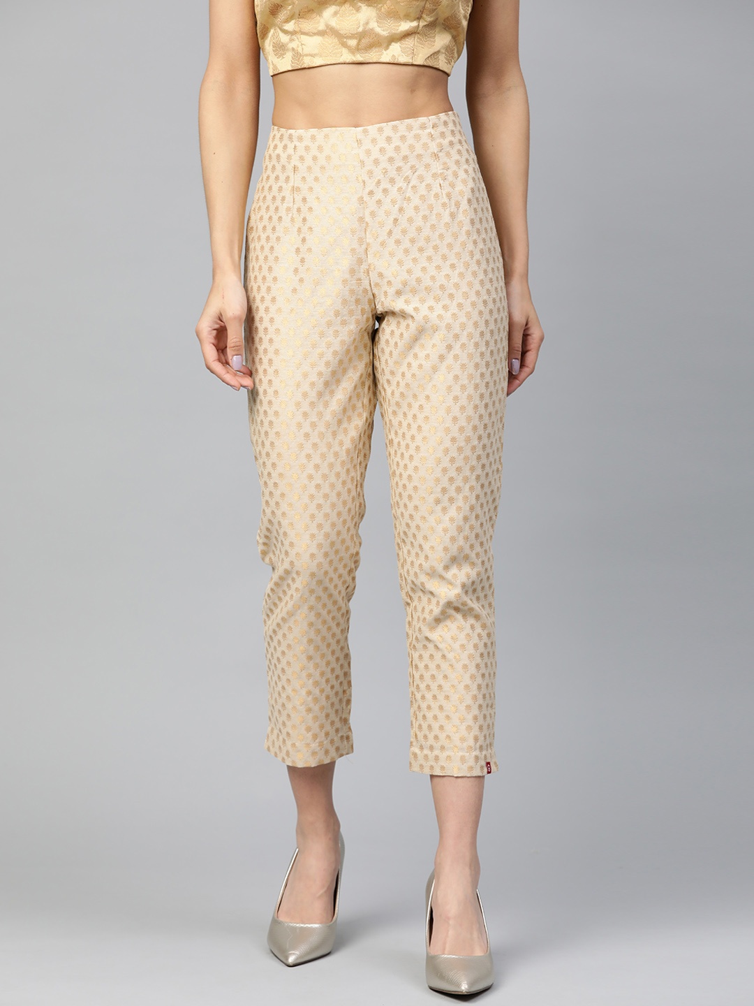 

Biba Women Beige & Golden Slim Fit Self Design Cropped Regular Trousers