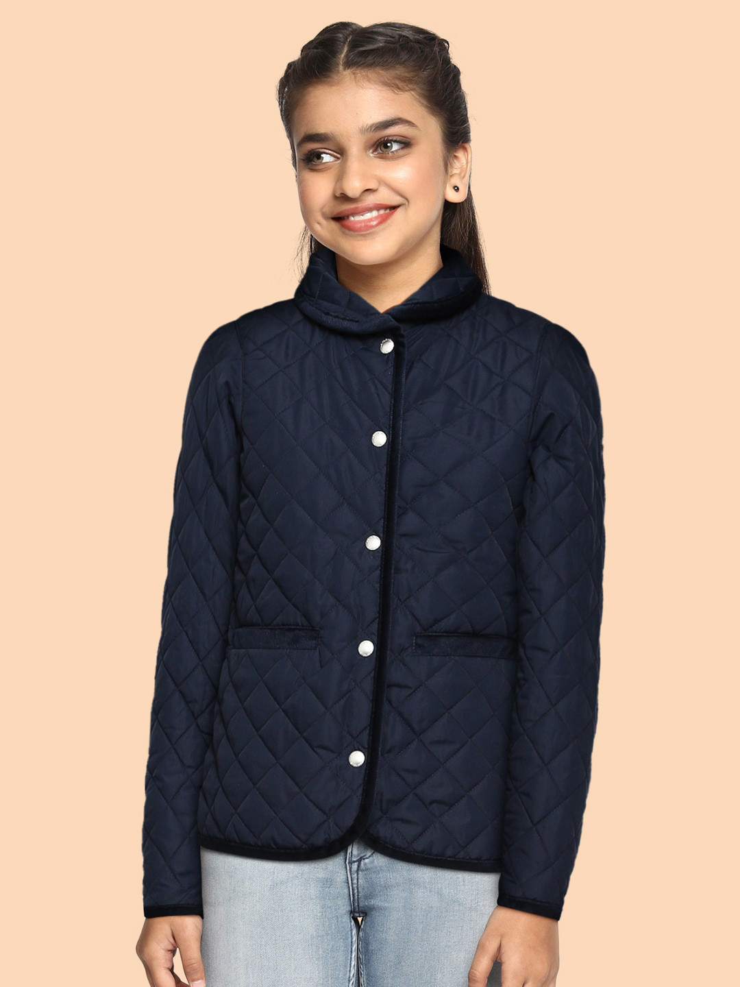 

U.S. Polo Assn. Kids Girls Navy Blue Solid Quilted Jacket