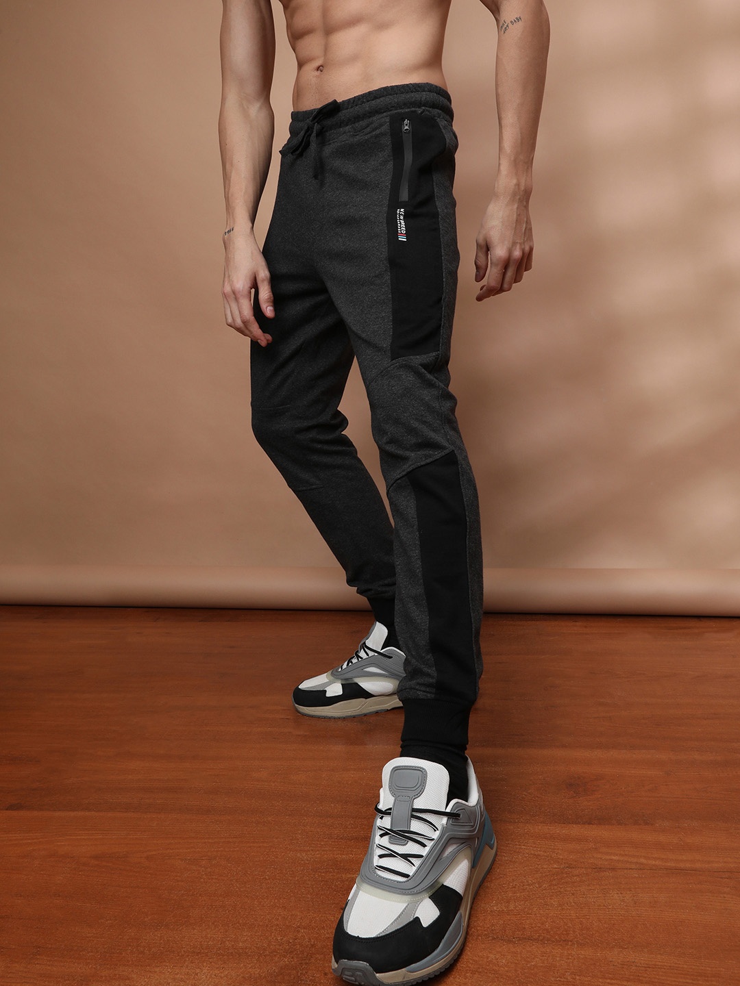 

The Indian Garage Co Men's Charcoal and Black Colourblocked Track Pants