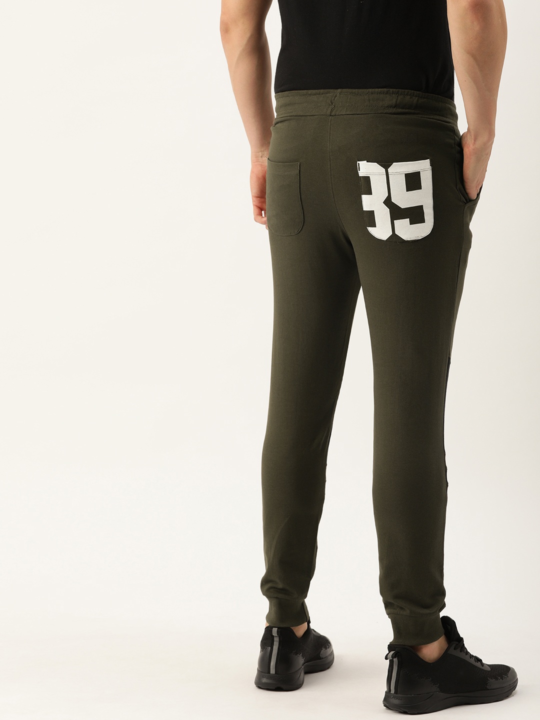 

The Indian Garage Co Men Olive Green Solid Straight Fit Joggers With Printed Detailing