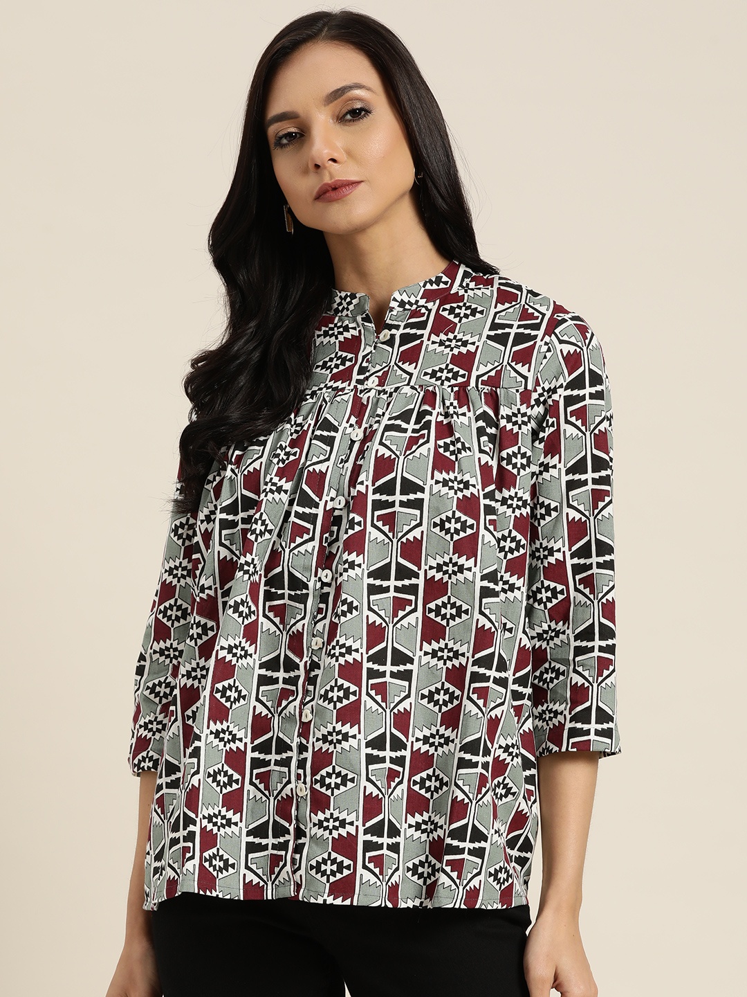 

Sangria Women Green & Maroon Printed Shirt Style Top
