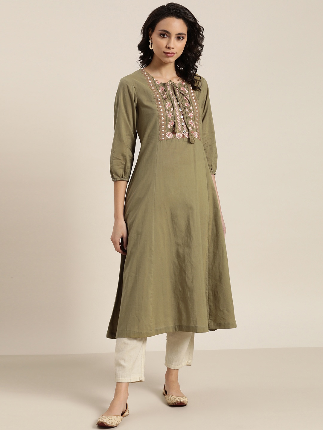 

Sangria Women Olive Green Pure Cotton Yoke Design A-Line Kurta