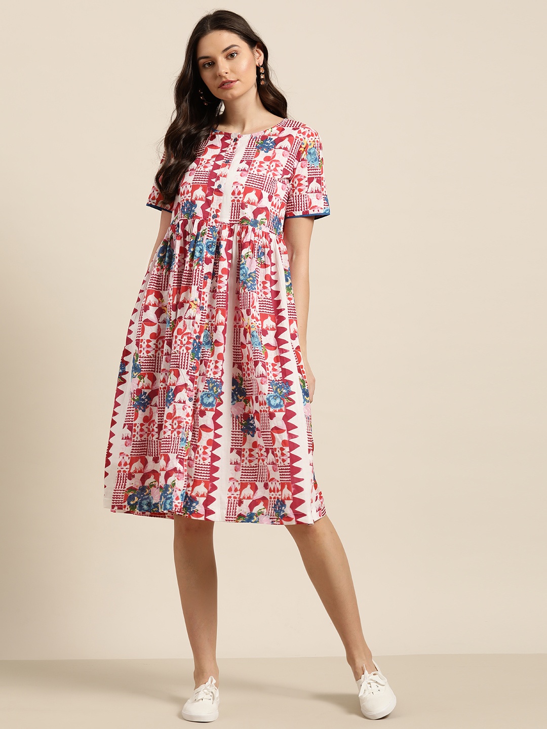 

Sangria Women Off-White & Red Pure Cotton Printed A-Line Dress