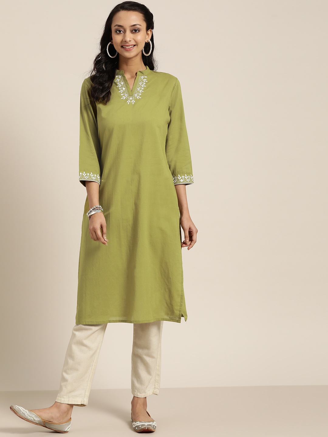 

Sangria Women Olive Green Pure Cotton Straight Hem Solid Kurta
