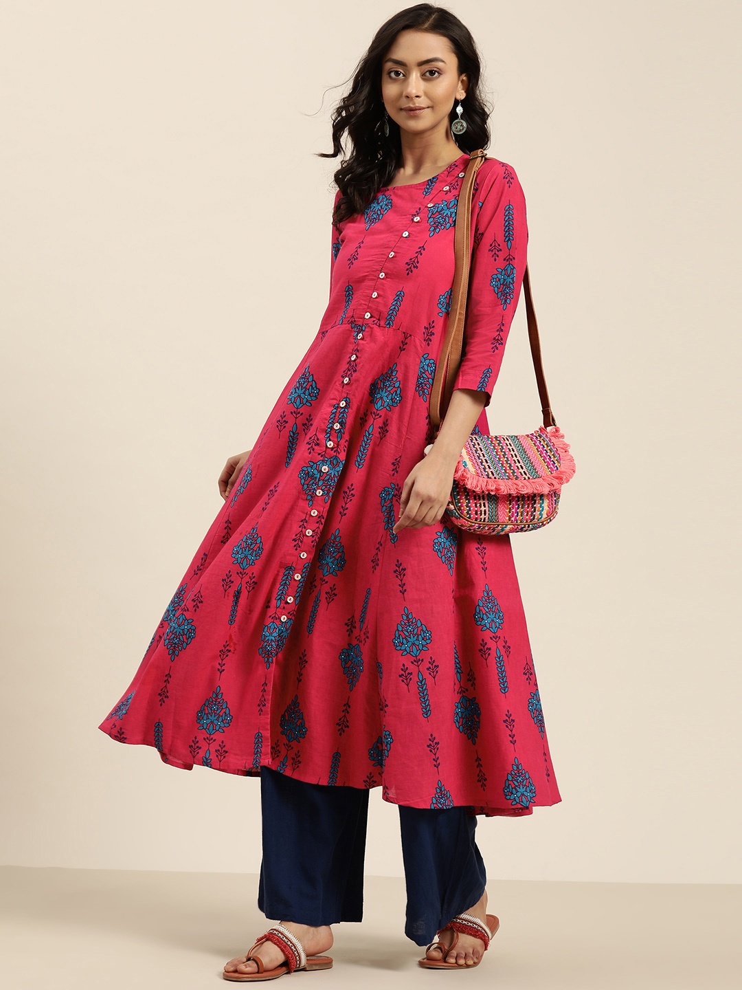 

Sangria Women Pink & Blue Floral Printed A-Line Kurta