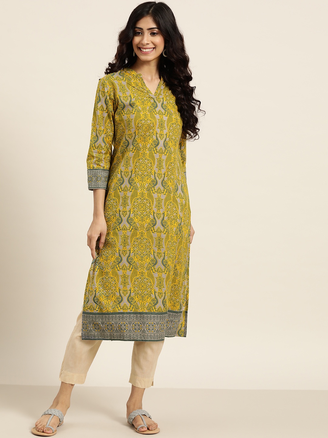 

Sangria Women Grey & Green Ethnic Motifs Printed Kurta