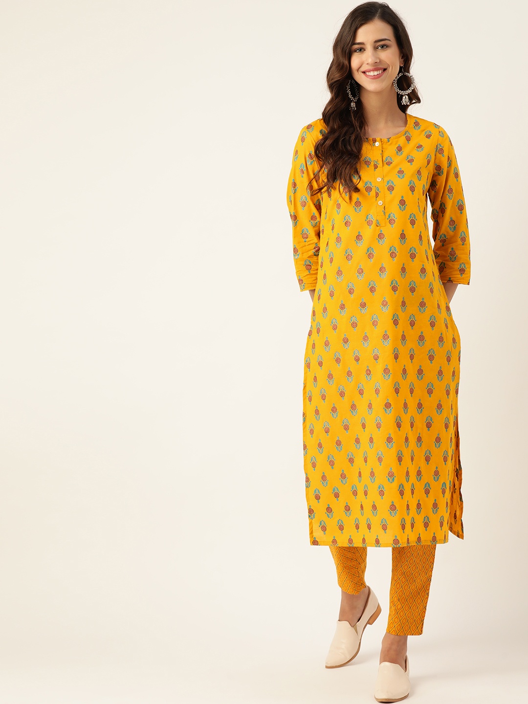 

Sangria Women Mustard Yellow & Red Printed Pure Cotton Kurta with Trousers