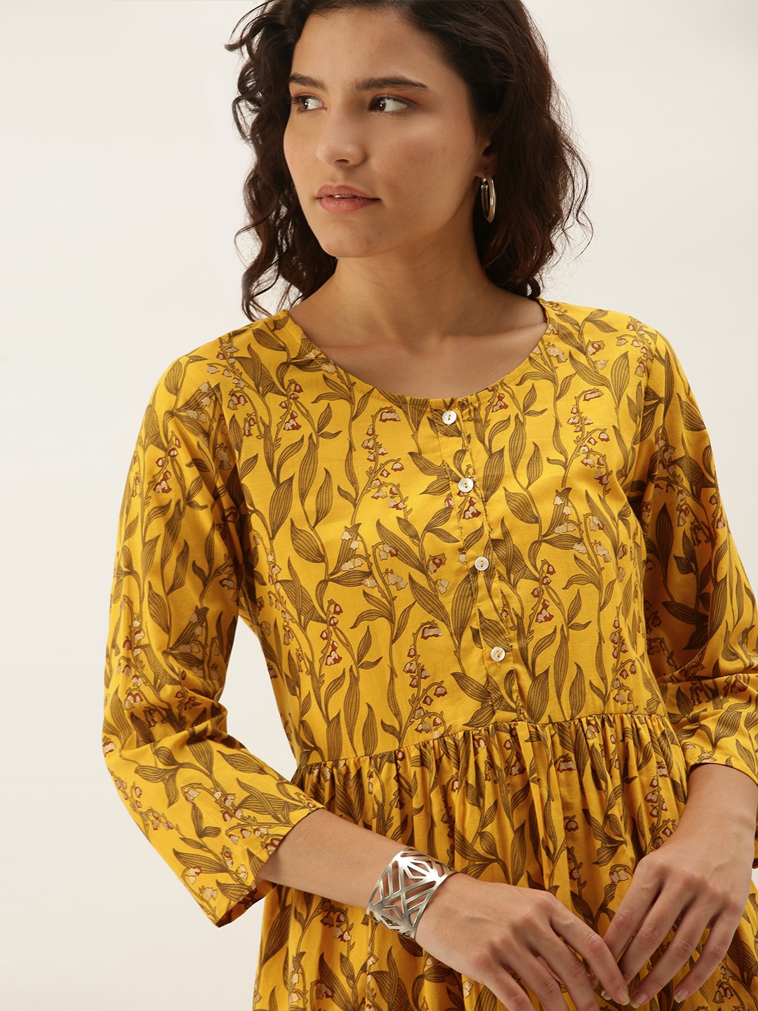 

Sangria Women Mustard Yellow & Brown Floral Printed Kurta with Gathers
