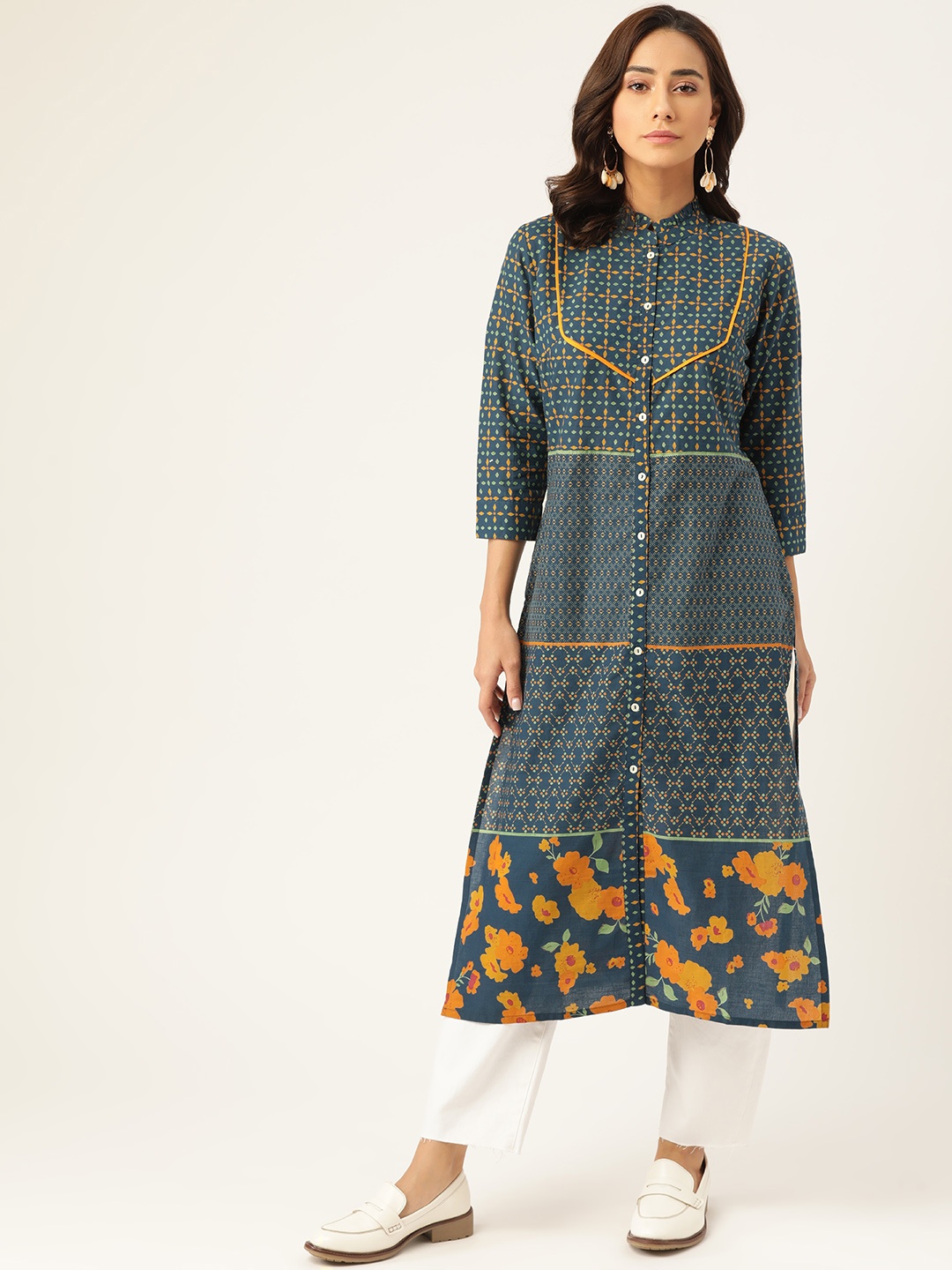 

Sangria Women Teal Blue & Mustard Yellow Cotton Ethnic Motifs Printed Straight Kurta