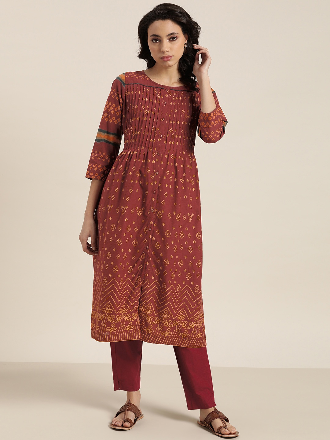 

Sangria Women Maroon & Mustard Yellow Printed A-Line Kurta