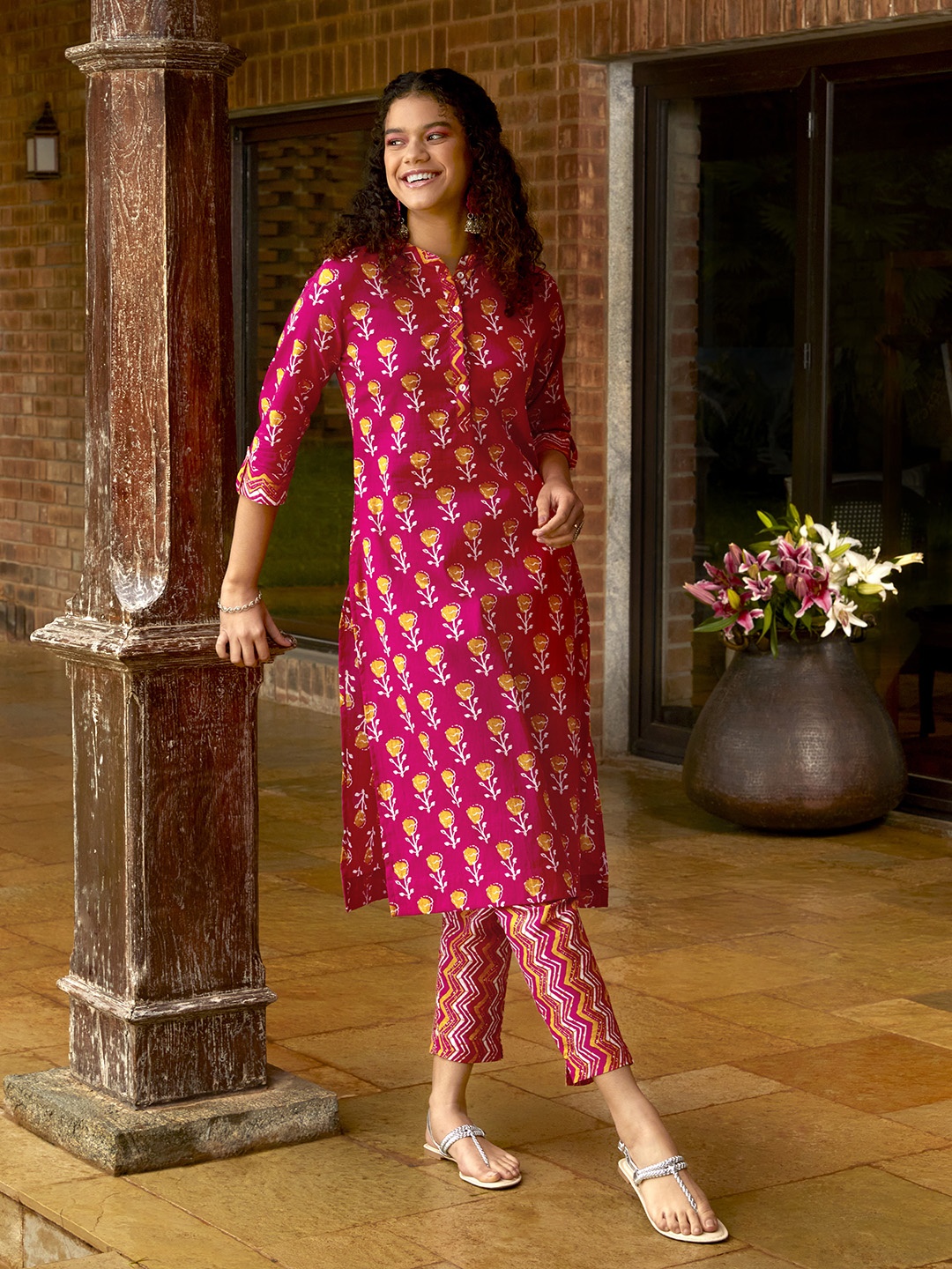 

Sangria Women Pink & Mustard Yellow Pure Cotton Printed Kurta with Trousers