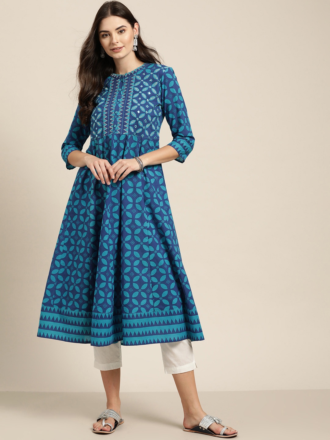 

Sangria Women Blue Printed Mirror-Work Pure Cotton Anarkali Kurta