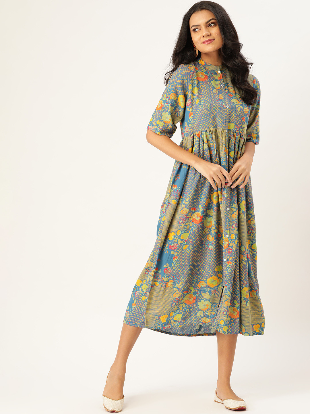 

Sangria Women Blue & Green Printed A-Line Dress