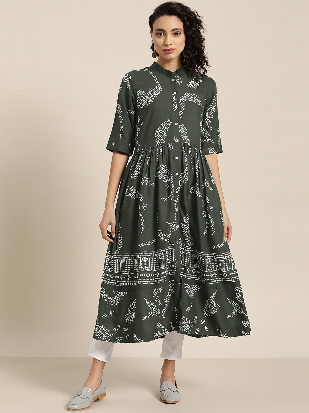 

Sangria Women Green & White Printed A-Line Kurta