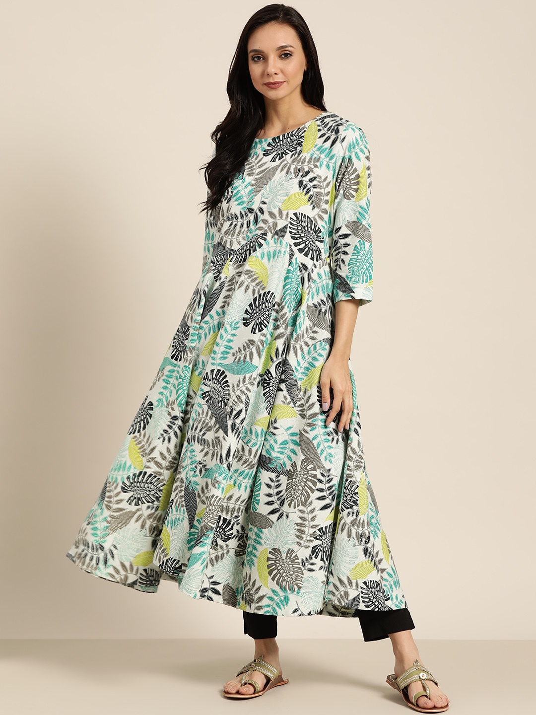 

Sangria Women White & Green Printed Pure Cotton A-Line Kurta