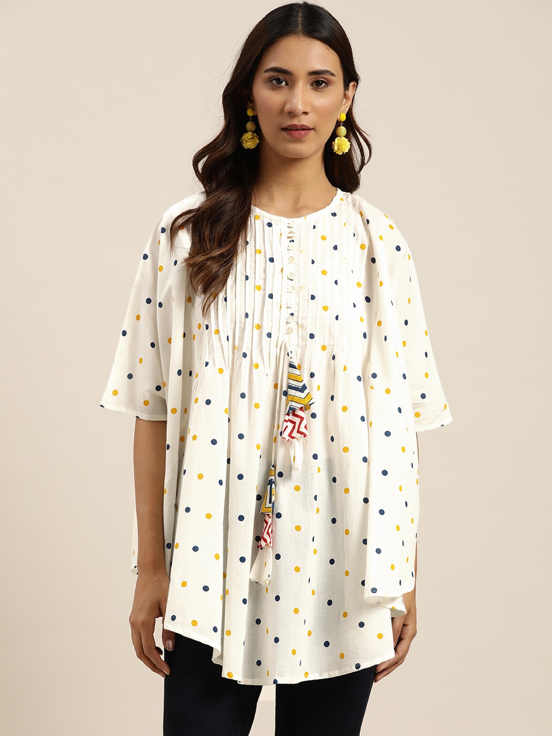 

Sangria Women White & Yellow Pure Cotton Polka Dot Printed A-Line Top