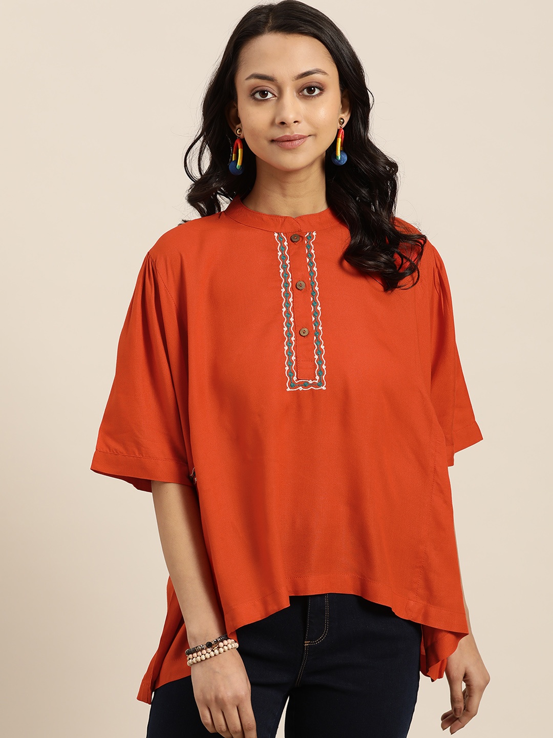 

Sangria Rust Orange Solid Mandarin Collar Top