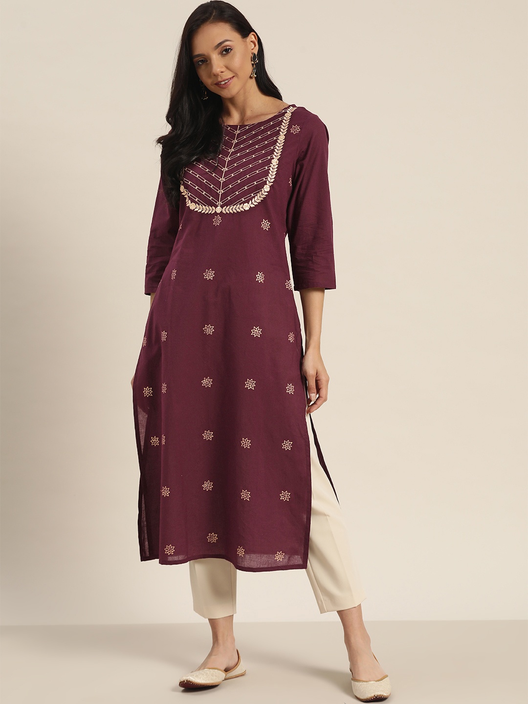 

Sangria Women Burgundy & Golden Pure Cotton Zari Embroidered Straight Kurta
