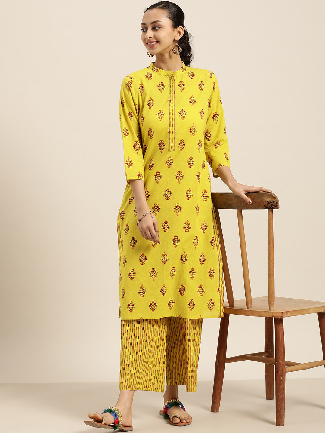 

Sangria Women Lime Green & Red Ethnic Print Cotton Kurta with Palazzos