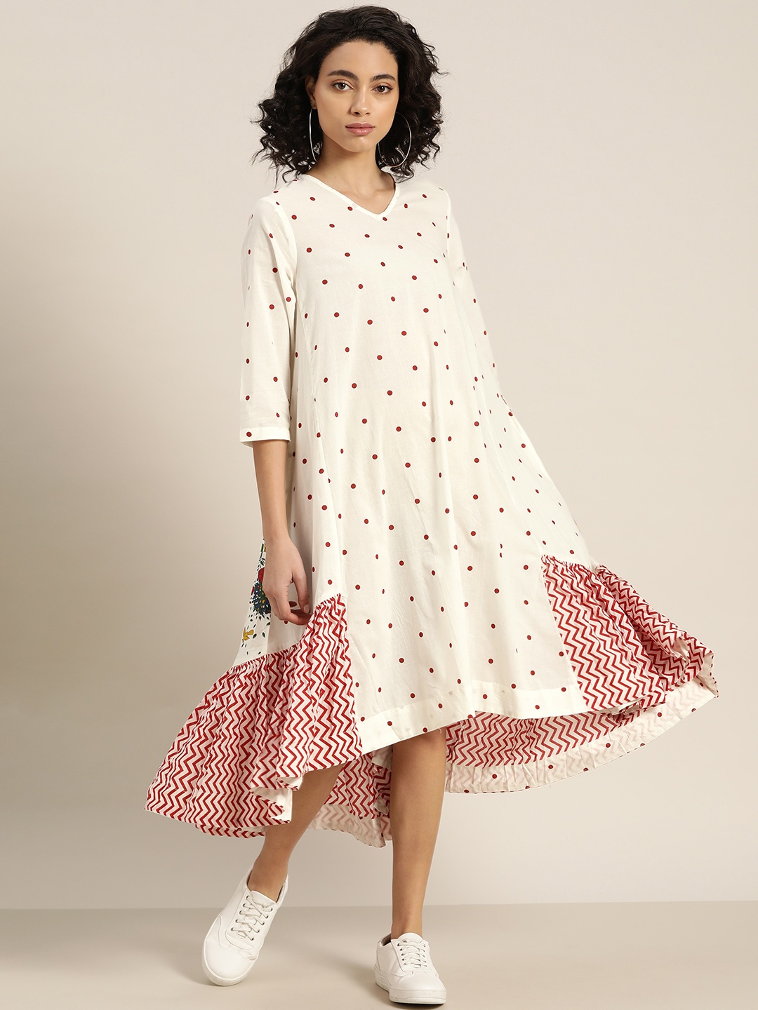 

Sangria Women White & Maroon Polka Dot Print Pure Cotton Asymmetric A-Line Dress