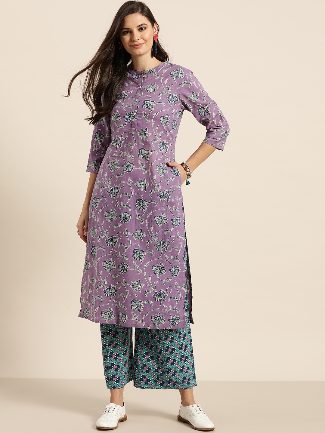 

Sangria Women Lavender & Blue Printed Kurta with Palazzos